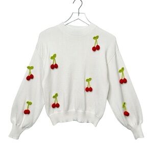 NEW On Twelfth White 3D Cherry Women’s Crew Balloon Sleeve Sweater Sz S